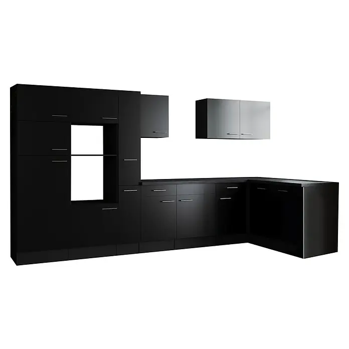 Respekta Olivia Winkelküche - Breite: 370 cm, Schwarz, Ohne Elektrogeräte - Elegante schwarze Küche mit modernen Schränken und minimalistischen Griffen, die ein stilvolles und zeitgemäßes Design bietet.