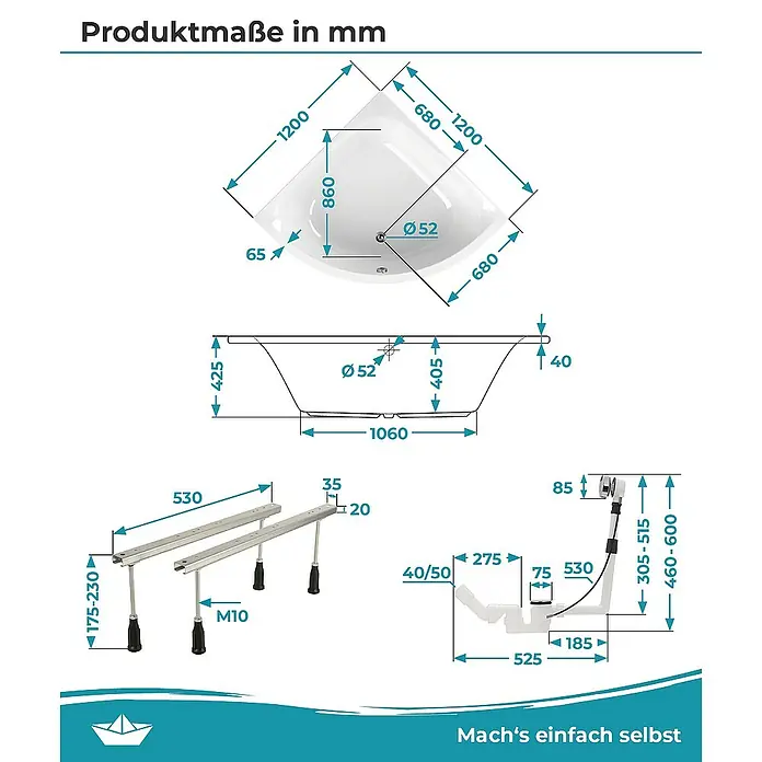 Calmwaters Eckbadewanne Modern Small 2 - Sanitäracryl, Weiß - Produktzeichnung einer Eckbadewanne mit allen Maßen in mm.