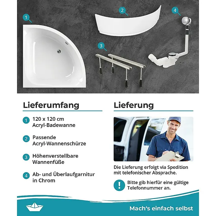 Calmwaters Eckbadewanne Modern Small 2 - Sanitäracryl, Weiß - Produktabbildung einer Acryl-Badewanne (120x120 cm) mit Zubehör: Schürze, Füße und Ab-Überlaufgarnitur in Chrom.