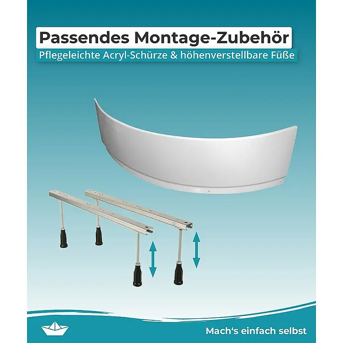 Calmwaters Eckbadewanne Modern Small 2 - Sanitäracryl, Weiß - Bild einer Badewannenschürze mit höhenverstellbaren Füßen und dem Slogan "Mach's einfach selbst".