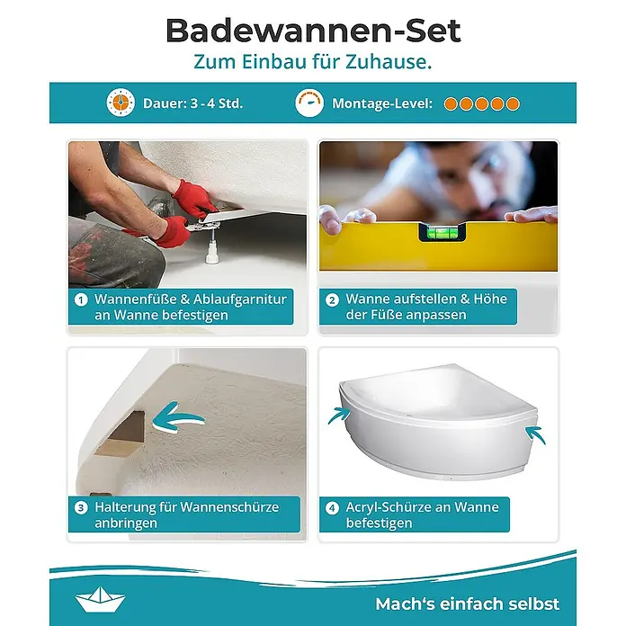 Calmwaters Eckbadewanne Modern Small 2 - Sanitäracryl, Weiß - Montageanleitung für ein Badewannen-Set zur einfachen Selbstmontage zu Hause. Schritt-für-Schritt-Anleitung zur Installation der Badewanne.