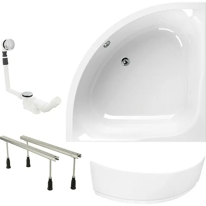 Calmwaters Eckbadewanne Modern Small 2 - Sanitäracryl, Weiß - Das Bild zeigt eine Eckbadewanne mit Zubehör, einschließlich Ablaufgarnitur, Füßen und einer passenden Schürze, alles in strahlendem Weiß.