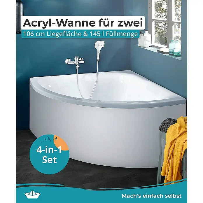 Calmwaters Eckbadewanne Modern Small 2 - Sanitäracryl, Weiß - Eckbadewanne für zwei Personen mit einer Liegefläche von 106 cm und einem Füllvolumen von 145 Litern.