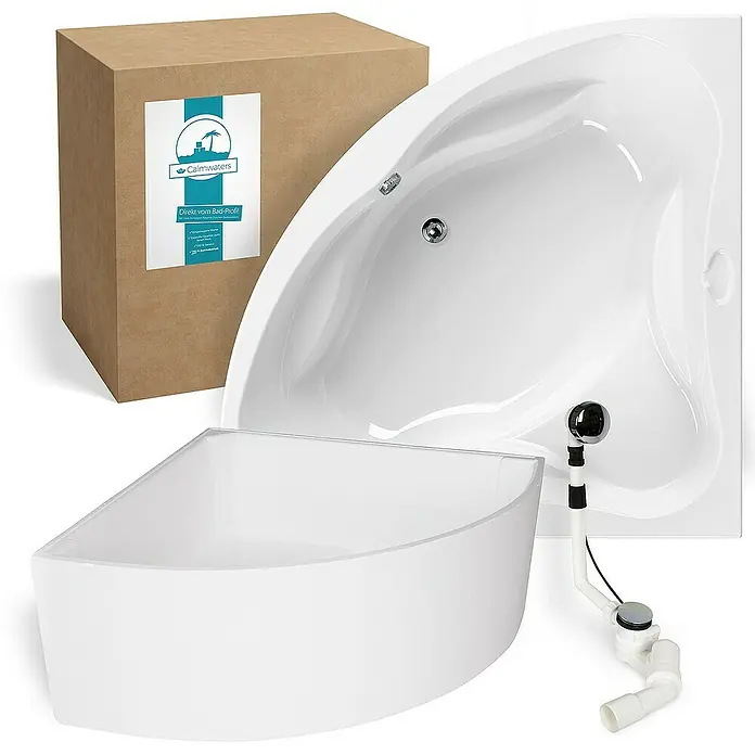 Calmwaters Eckbadewanne Original - Sanitäracryl, Weiß - Das Bild zeigt eine dreieckige Eckbadewanne mit Zubehör und Verpackungskarton. Die Badewanne ist in einem glänzenden Weiß gehalten.