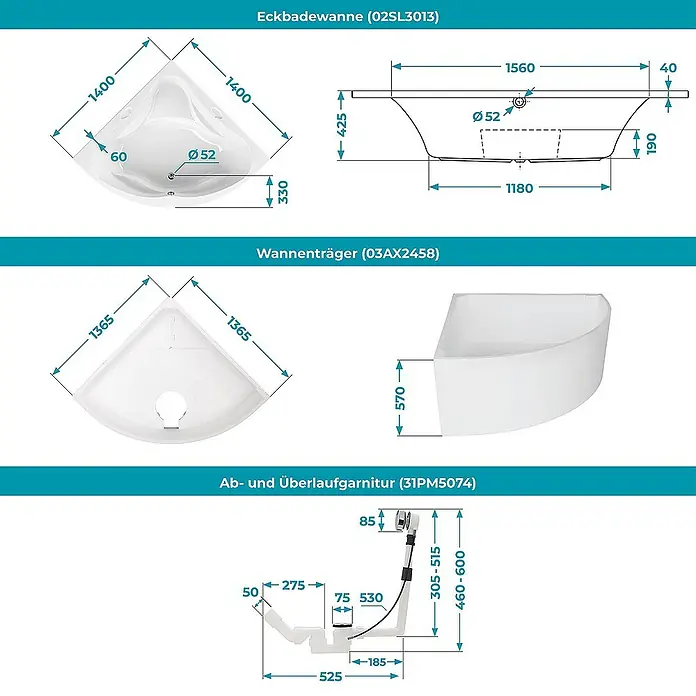Calmwaters Eckbadewanne Original - Sanitäracryl, Weiß - Abbildung der Eckbadewanne (02SL3013), Wannenträger (03AX2458) und Ab- und Überlaufgarnitur (31PM5074) mit Maßen.