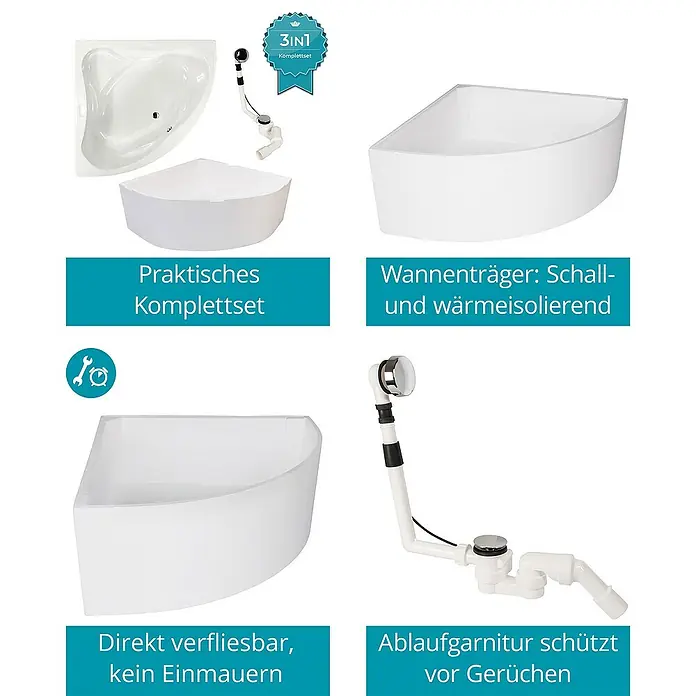Calmwaters Eckbadewanne Original - Sanitäracryl, Weiß - Produktdarstellung eines 3-in-1 Eckbadewannen-Komplettsets mit praktischem Zubehör für Schall- und Wärmeisolierung.