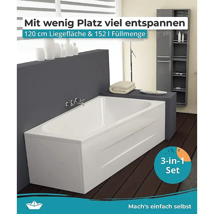 Calmwaters Raumsparbadewanne Essential Small - 160 x 70 cm, Sanitäracryl, Weiß, Links - Dieses Bild zeigt eine moderne Badewanne mit grauem Hintergrund und Holzboden, die zum Entspannen einlädt.