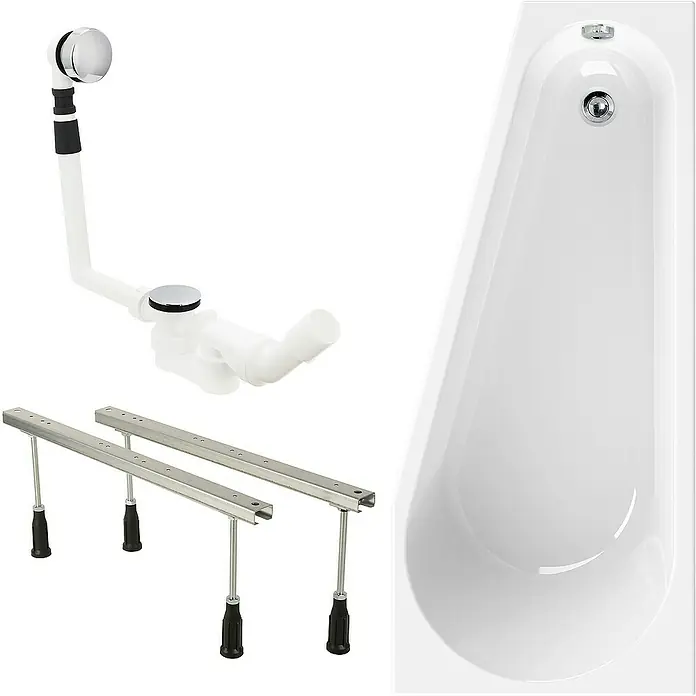 Calmwaters Raumsparbadewanne Essential Small - 160 x 70 cm, Sanitäracryl, Weiß, Links - Das Bild zeigt eine Badewanne mit Zubehör, darunter ein Ablaufgarnitur, ein Überlauf und verstellbare Füße, präsentiert vor hellem Hintergrund.