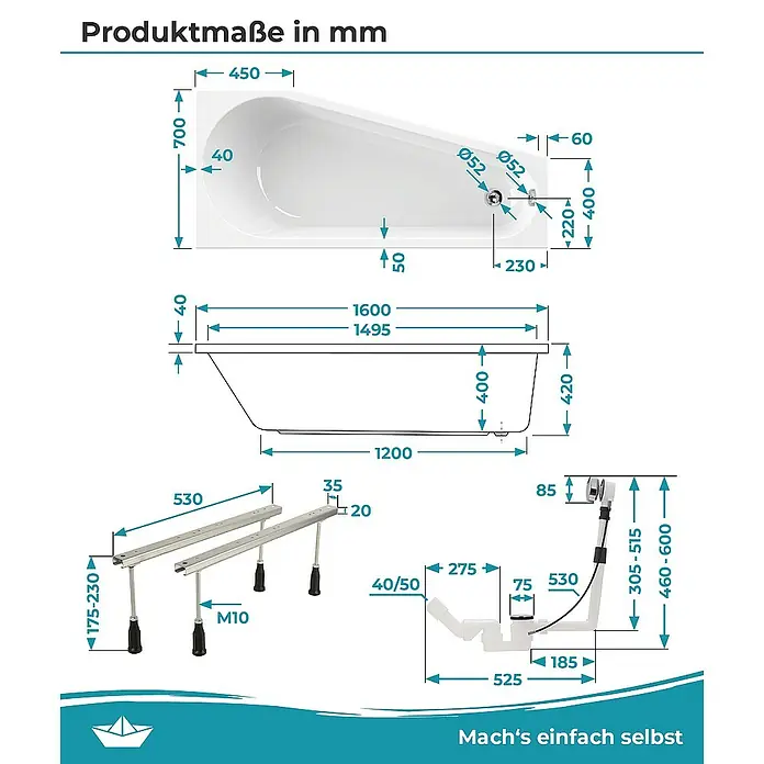 Calmwaters Raumsparbadewanne Essential Small - 160 x 70 cm, Sanitäracryl, Weiß, Links - Produktmaßzeichnung einer Badewanne mit den Maßen in Millimetern, einschließlich der Details zu Füßen und Abfluss.