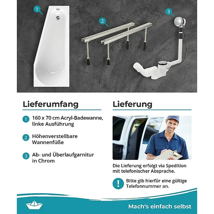Calmwaters Raumsparbadewanne Essential Small - 160 x 70 cm, Sanitäracryl, Weiß, Links - Produktabbildung mit Badewanne, höhenverstellbaren Füßen und Ab- und Überlaufgarnitur in Chrom, dargestellt vor dunklem Hintergrund.