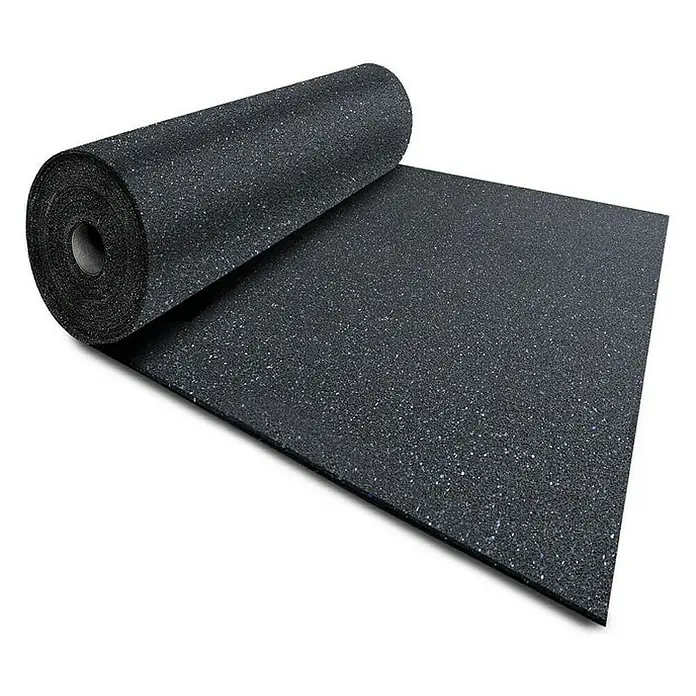 Floordirekt Unterlagsmatte Bautenschutzmatte Gummigranulatmatte 125 x 600 x 1 cm - Stärke: 10 mm - Eine Rolle Gummi-Bodenbelag, teilweise ausgerollt, in dunkler Farbe mit feinen Sprenkeln. Ideal für Fitnessstudios und Werkstätten.