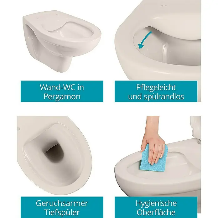 Calmwaters Wand-WC-Set Set mit WC-Sitz - Spülrandlos, Ohne Spezialglasur, Spülform: Tief, WC Abgang: Waagerecht, Pergamon - Wand-WC in Pergamon: Elegante und hygienische Keramiktoilette für moderne Badezimmer.\n