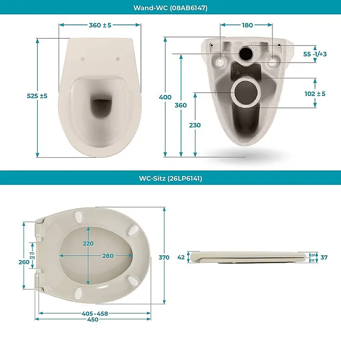 Calmwaters Wand-WC-Set Set mit WC-Sitz - Spülrandlos, Ohne Spezialglasur, Spülform: Tief, WC Abgang: Waagerecht, Pergamon - Abbildung der Maße des Wand-WCs (08AB6147) und des WC-Sitzes (26LP6141) mit allen relevanten Maßen.