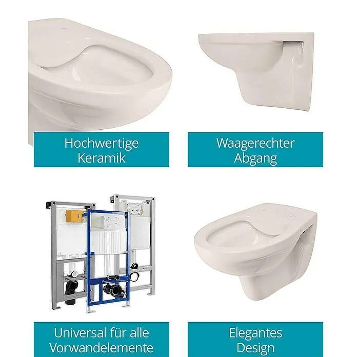 Calmwaters Wand-WC-Set Set mit WC-Sitz - Spülrandlos, Ohne Spezialglasur, Spülform: Tief, WC Abgang: Waagerecht, Pergamon - Hochwertige Keramik-Wand-WC-Kombination mit elegantem Design und universellen Vorwandelementen für moderne Badezimmer.