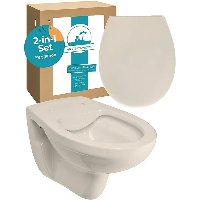 Calmwaters Wand-WC-Set Set mit WC-Sitz - Spülrandlos, Ohne Spezialglasur, Spülform: Tief, WC Abgang: Waagerecht, Pergamon - Das Bild zeigt eine hängende Toilette mit passendem Toilettensitz, beides in einem hellen Farbton, vor einem Karton mit Produktinformationen.