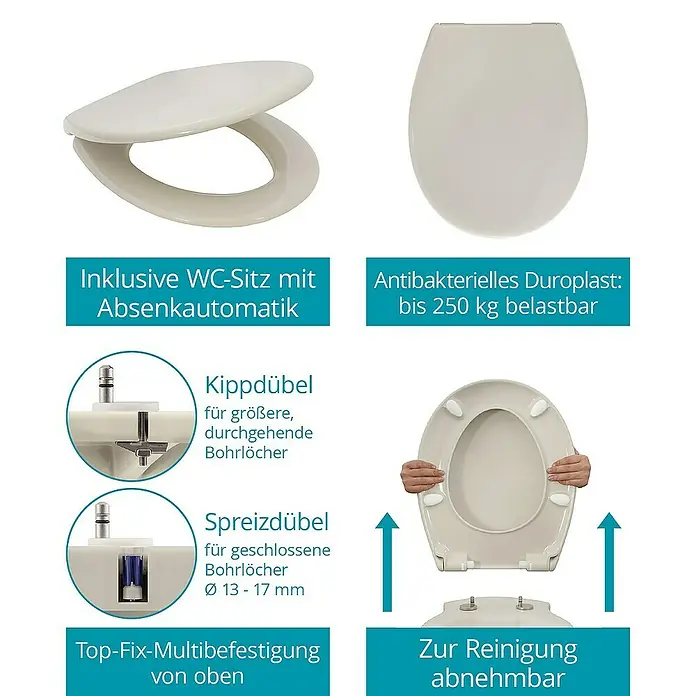 Calmwaters Wand-WC-Set Set mit WC-Sitz - Spülrandlos, Ohne Spezialglasur, Spülform: Tief, WC Abgang: Waagerecht, Pergamon - WC-Sitz mit Absenkautomatik und antibakteriellem Duroplast bis 250 kg belastbar. Top-Fix-Multibefestigung, abnehmbar zur Reinigung.