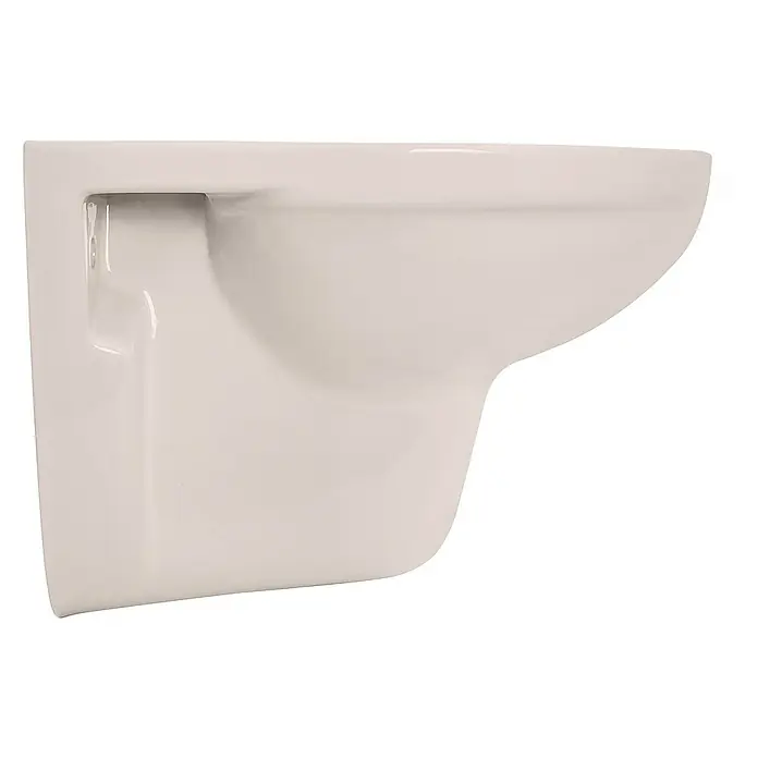 Calmwaters Wand-WC-Set Set mit WC-Sitz - Spülrandlos, Ohne Spezialglasur, Spülform: Tief, WC Abgang: Waagerecht, Pergamon - Nahaufnahme eines modernen, weißen Wand-WCs. Das schlichte Design und die glatte Oberfläche machen es zu einem eleganten Badezimmerstück.