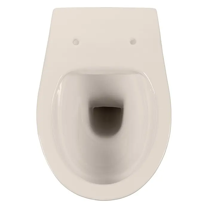 Calmwaters Wand-WC-Set Set mit WC-Sitz - Spülrandlos, Ohne Spezialglasur, Spülform: Tief, WC Abgang: Waagerecht, Pergamon - Blick von oben auf eine moderne, cremefarbene Toilette, die eine schlichte und funktionale Badezimmerausstattung zeigt.