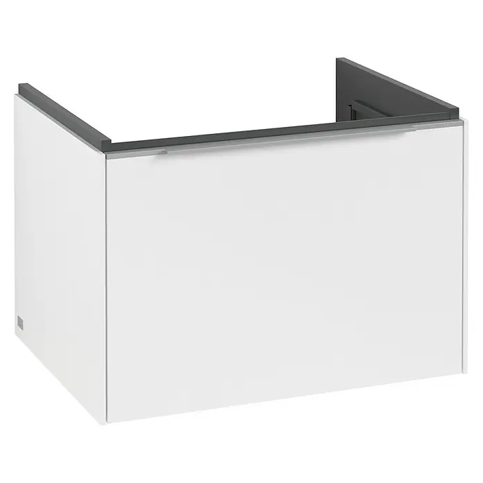Villeroy & Boch Subway 3.0 Waschbeckenunterschrank - Pure White, Anzahl Schubladen: 1 Stk., Farbe Griff: Aluminium glänzend, B x T x H: 62,2 x 47,8 x 42,9 cm, Mit Beleuchtung - Produktaufnahme einer weißen Waschtischunterbaus mit grauen Akzenten für ein modernes Badezimmerdesign.