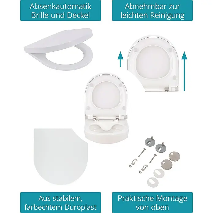 Calmwaters Wand-WC-Set Spülrandloses Raumspar-WC - Spülrandlos, Ohne Spezialglasur, Spülform: Tief, WC Abgang: Waagerecht, Weiß - Produktansicht eines Toilettensitzes mit Absenkautomatik, abnehmbarer Funktion und praktischer Montage von oben.