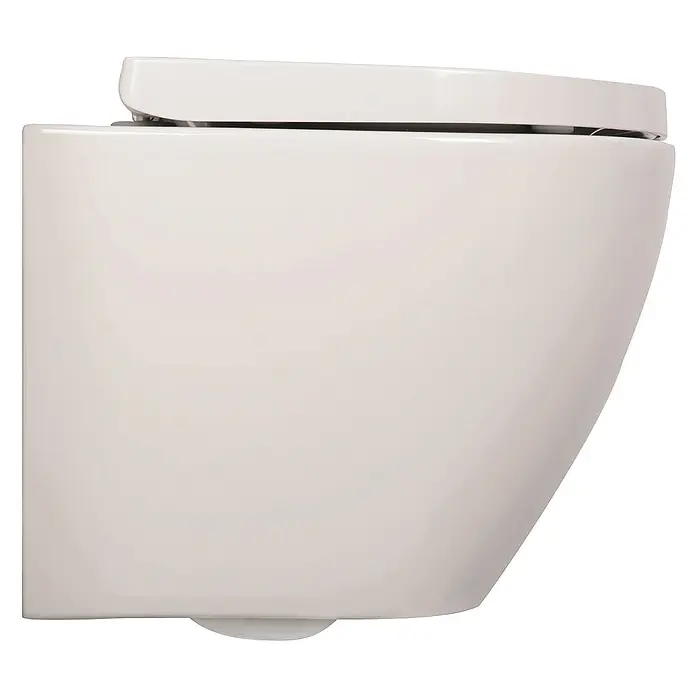 Calmwaters Wand-WC-Set Spülrandloses Raumspar-WC - Spülrandlos, Ohne Spezialglasur, Spülform: Tief, WC Abgang: Waagerecht, Weiß - Nahaufnahme einer modernen, wandhängenden Toilette in Weiß. Das elegante Design und die sauberen Linien zeichnen dieses WC aus.