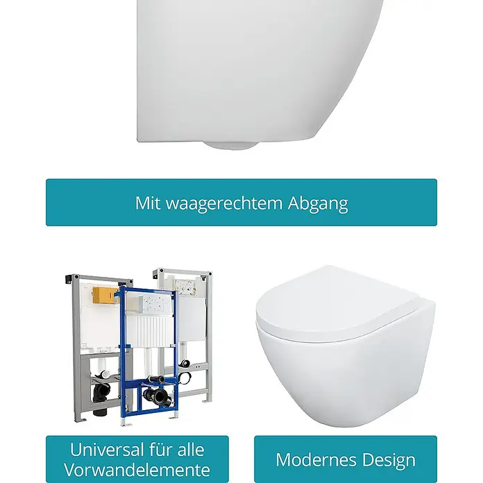 Calmwaters Wand-WC-Set Spülrandloses Raumspar-WC - Spülrandlos, Ohne Spezialglasur, Spülform: Tief, WC Abgang: Waagerecht, Weiß - Wand-WC-Set mit moderner Formgebung. Das Set beinhaltet eine passende Vorwandinstallation und ist universell einsetzbar für alle Vorwandelemente.