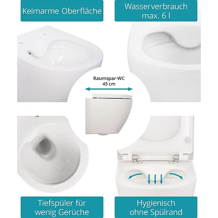 Calmwaters Wand-WC-Set Spülrandloses Raumspar-WC - Spülrandlos, Ohne Spezialglasur, Spülform: Tief, WC Abgang: Waagerecht, Weiß - Produktabbildung eines spülrandlosen Wand-WC mit Tiefspüler für wenig Gerüche und einer keimarmen Oberfläche. Wasserverbrauch max. 6 Liter.