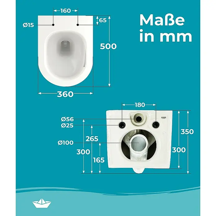 Calmwaters Wand-WC spülrandlos, PureView und Aqua TurboStream, einfache Solo-Installation, WC-Sitz mit Absenkautomatik, universelle Passform, Hänge-WC -  - Technische Zeichnung eines wandhängenden WCs mit Maßangaben in Millimetern zur detaillierten Planung.