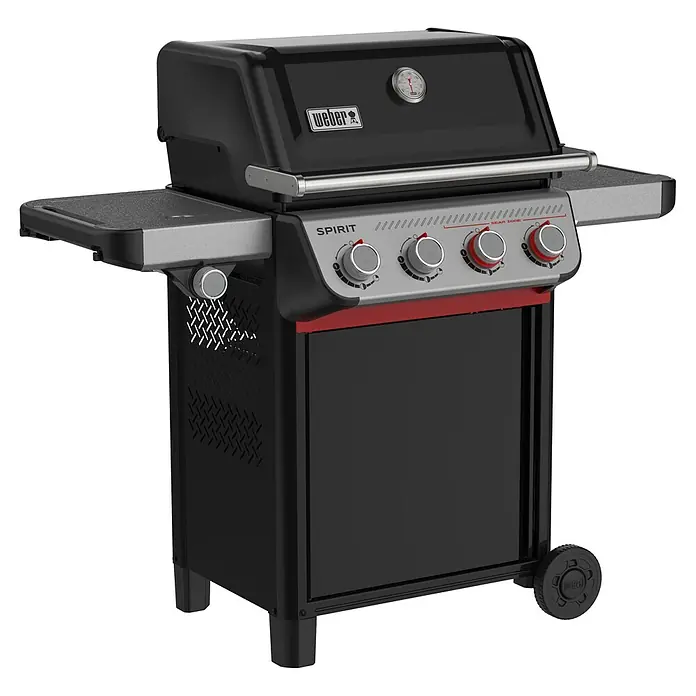 Weber Spirit Gasgrill E-435 - Grillfläche (B x T): 62 x 44 cm, 10,3 kW, Anzahl Brenner: 4 Stk. - Schwarzer Weber Spirit Gasgrill mit vier Brennern und Seitenablagen für den Außenbereich.