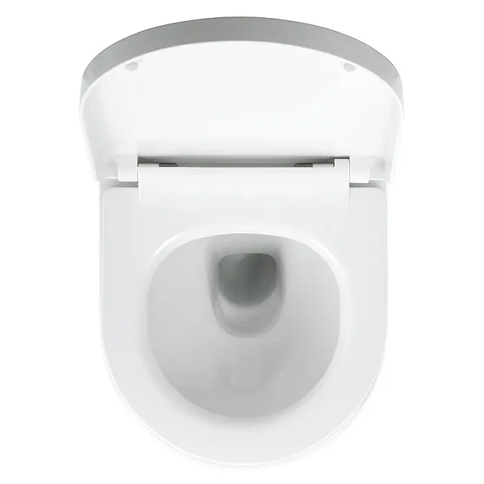 Calmwaters Wand-WC-Set Spülrandloses Raumspar-WC - Spülrandlos, Ohne Spezialglasur, Spülform: Tief, WC Abgang: Waagerecht, Weiß - Blick von oben auf eine moderne, weiße Toilette mit leicht geöffnetem Deckel, die ein sauberes und minimalistisches Design zeigt.