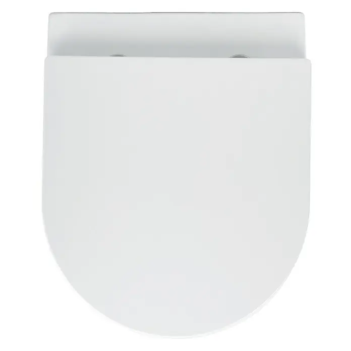 Calmwaters Wand-WC-Set Spülrandloses Raumspar-WC - Spülrandlos, Ohne Spezialglasur, Spülform: Tief, WC Abgang: Waagerecht, Weiß - Das Bild zeigt einen weißen Toilettensitz in der Draufsicht, der ein schlichtes und modernes Design aufweist. Ideal für jedes Badezimmer.