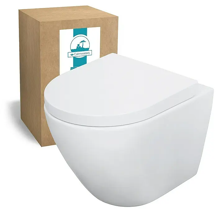 Calmwaters Wand-WC-Set Spülrandloses Raumspar-WC - Spülrandlos, Ohne Spezialglasur, Spülform: Tief, WC Abgang: Waagerecht, Weiß - Wandhängendes WC mit Verpackungskarton im Hintergrund, ideal für moderne Badezimmerdesigns.