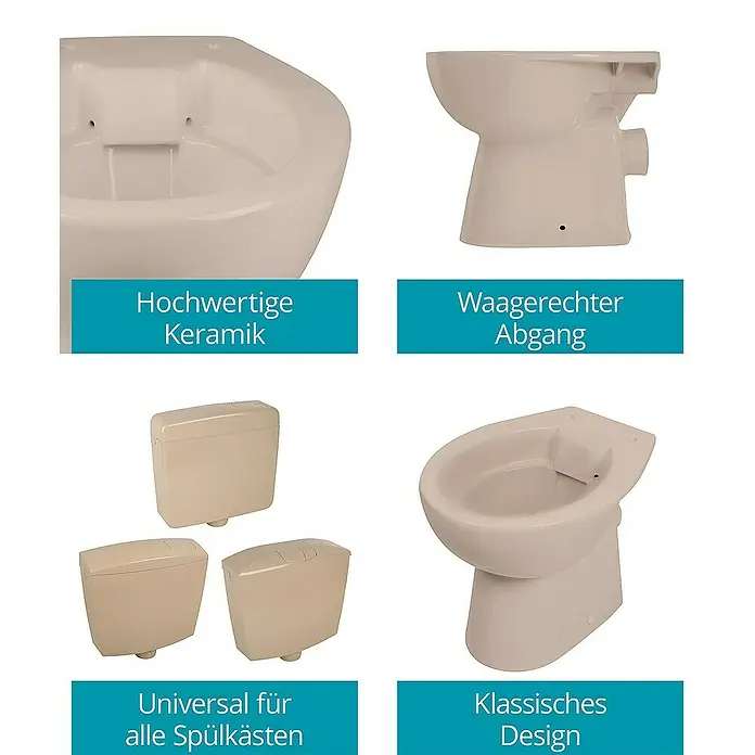 Calmwaters Stand-WC Spülrandlos - Spülrandlos, Ohne Spezialglasur, Spülform: Tief, WC Abgang: Waagerecht, Bahamabeige - Bild eines Keramik-WCs in klassischem Design mit horizontalem Abgang und universellem Spülkasten.