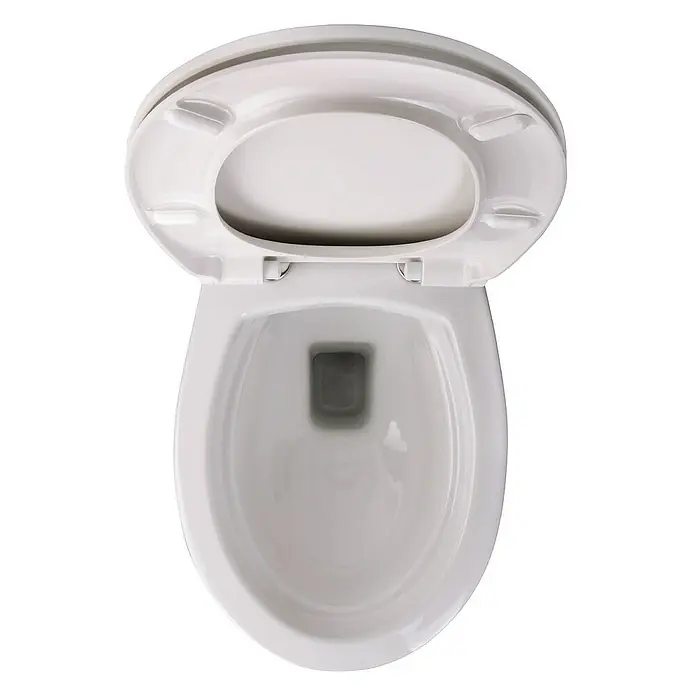 Calmwaters Wand-WC-Set Spülrandlos mit Erhöhung - Spülrandlos, Ohne Spezialglasur, Spülform: Tief, WC Abgang: Waagerecht, Weiß - Weisse Toilette mit geöffnetem Deckel, die eine saubere und einladende Badezimmeratmosphäre verspricht. Das schlichte Design fügt sich nahtlos ein.