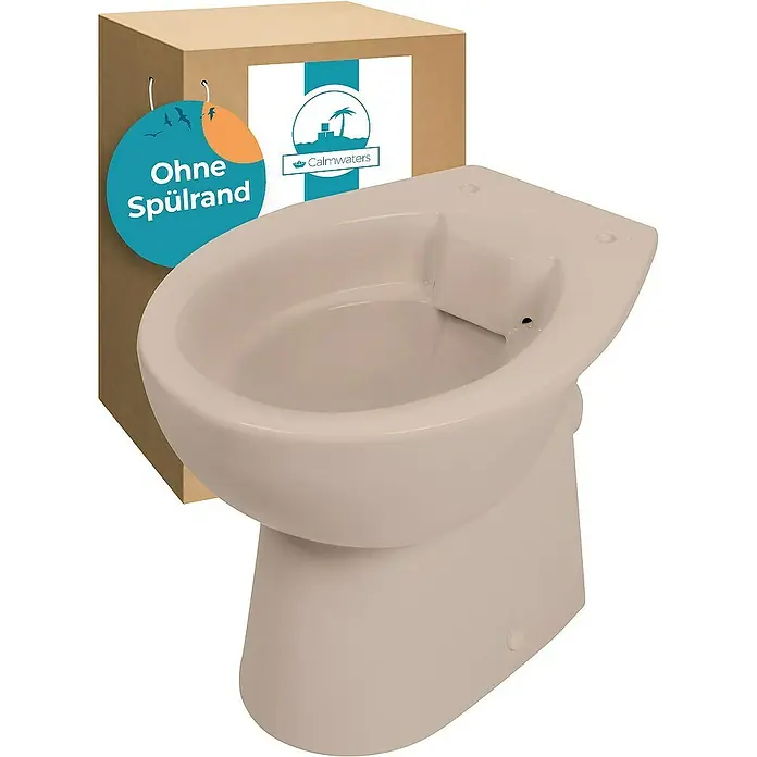 Calmwaters Stand-WC Spülrandlos - Spülrandlos, Ohne Spezialglasur, Spülform: Tief, WC Abgang: Waagerecht, Bahamabeige - Das Foto zeigt eine spülrandlose Standtoilette in Beige, die vor einem Karton mit einem Calmwaters-Logo steht.