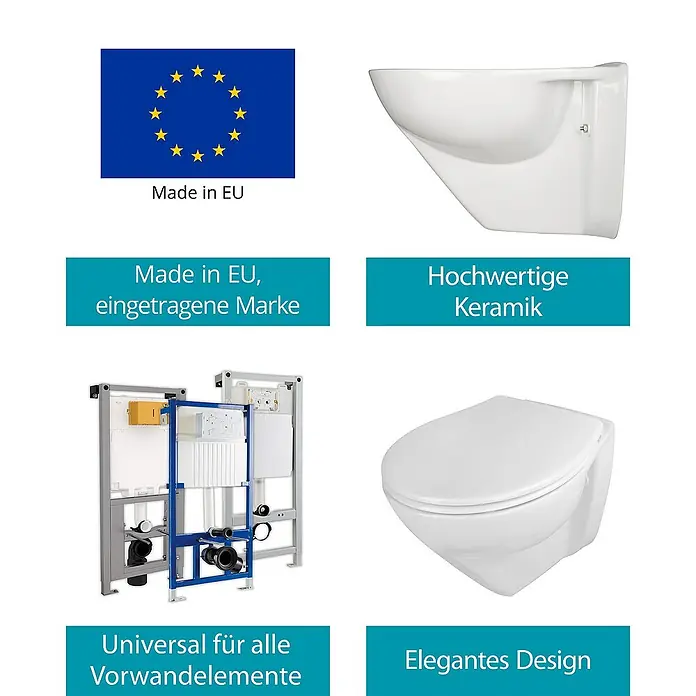 Calmwaters Wand-WC-Set Spülrandlos mit Erhöhung - Spülrandlos, Ohne Spezialglasur, Spülform: Tief, WC Abgang: Waagerecht, Weiß - Abbildung eines Wand-WCs mit dazugehörigen Montageelementen und Hinweisen auf hochwertige Keramik und elegantes Design.