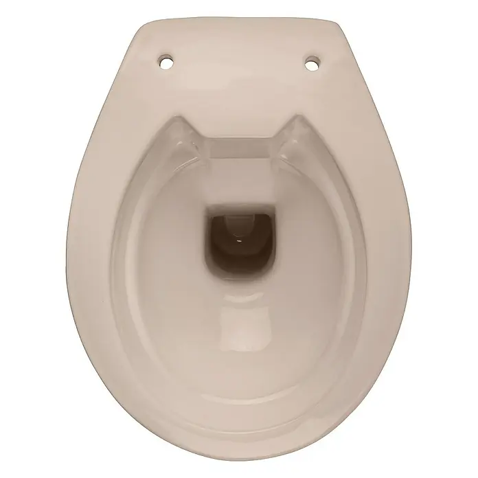 Calmwaters Stand-WC Spülrandlos - Spülrandlos, Ohne Spezialglasur, Spülform: Tief, WC Abgang: Waagerecht, Bahamabeige - Nahaufnahme einer beigen Toilettenschüssel, die ein essentielles Badezimmerelement mit sauberem, funktionalem Design zeigt.