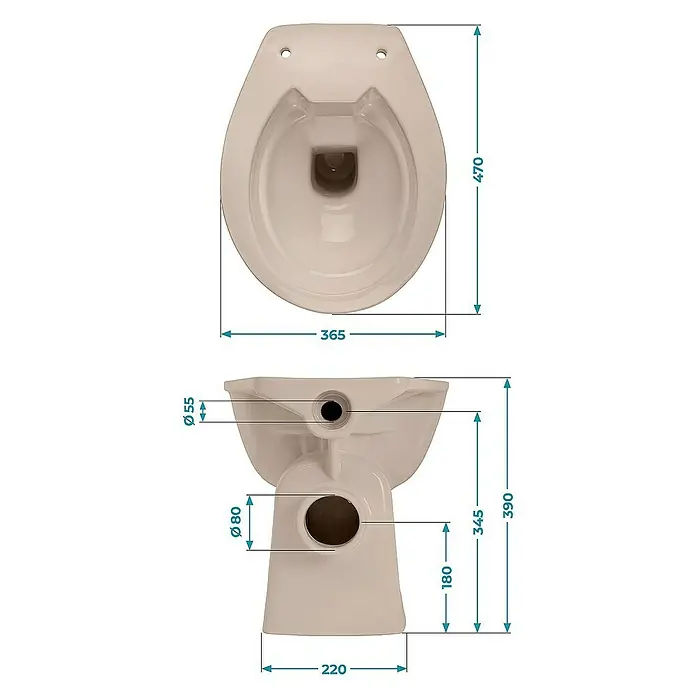 Calmwaters Stand-WC Spülrandlos - Spülrandlos, Ohne Spezialglasur, Spülform: Tief, WC Abgang: Waagerecht, Bahamabeige - Ansichten und Abmessungen einer Sanitärkeramik-Toilette, die die Form, Höhe und Durchmesser der Anschlüsse hervorheben.