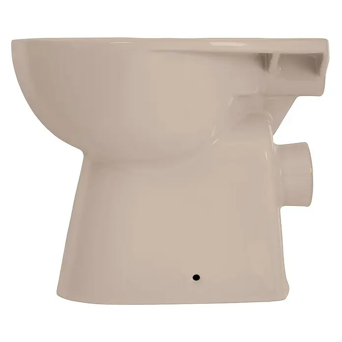 Calmwaters Stand-WC Spülrandlos - Spülrandlos, Ohne Spezialglasur, Spülform: Tief, WC Abgang: Waagerecht, Bahamabeige - Nahaufnahme einer beigen Toilettenschüssel. Das WC-Becken zeichnet sich durch seine glatte Keramikoberfläche und das moderne Design aus.