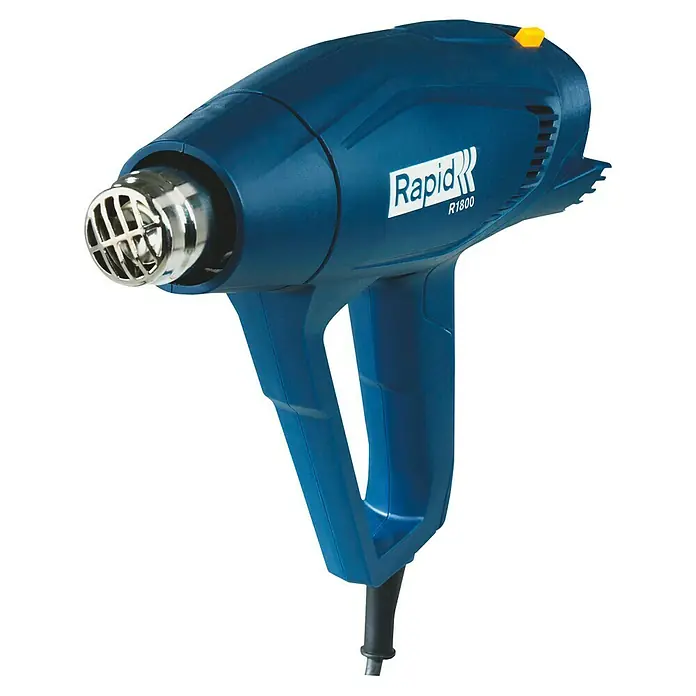 Rapid Heißluftgebläse R1800 - 1.800 W, Temperaturbereich: 300 °C - 550 °C - Blauer Rapid R1800 Heißluftfön mit silberner Düse und gelbem Knopf, ideal für verschiedene Heimwerker- und Bastelarbeiten.