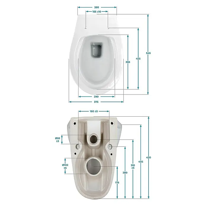 Calmwaters Wand-WC-Set Spülrandlos mit Erhöhung - Spülrandlos, Ohne Spezialglasur, Spülform: Tief, WC Abgang: Waagerecht, Weiß - Abbildung einer Toilette mit detaillierten Maßangaben. Die Zeichnung zeigt die Abmessungen und Designelemente des Produkts.