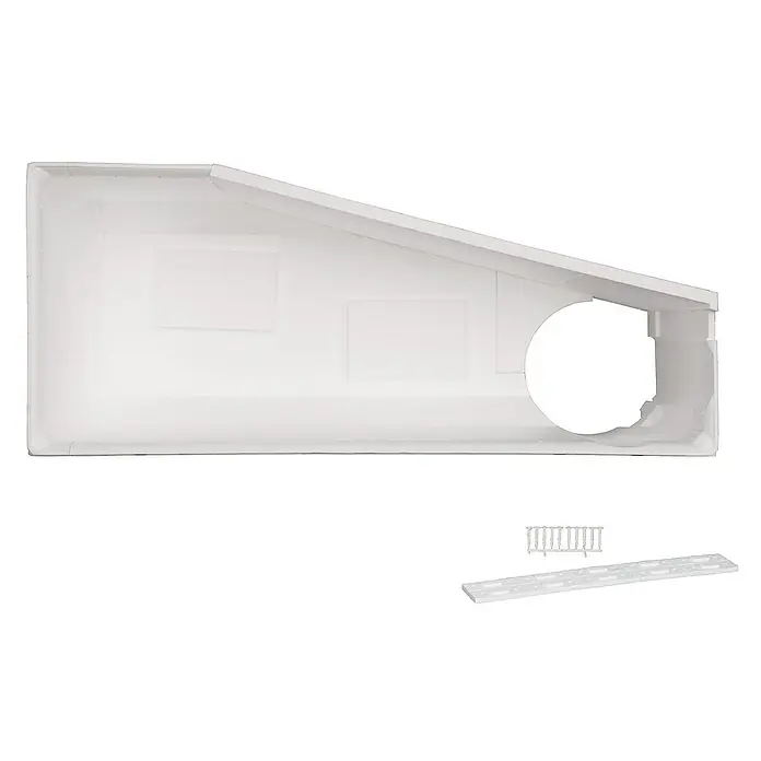 Calmwaters Raumsparbadewanne Essential Small - 160 x 70 cm, Sanitäracryl, Weiß, Links - Das Produkt ist ein weißes, rechteckiges Gehäuse mit einer runden Öffnung und Zubehör, ideal zur Abdeckung von Rohren oder Leitungen.