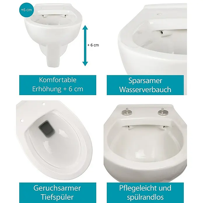 Calmwaters Wand-WC-Set Spülrandlos mit Erhöhung - Spülrandlos, Ohne Spezialglasur, Spülform: Tief, WC Abgang: Waagerecht, Weiß - Die Collage zeigt ein spülrandloses Wand-WC mit einer Erhöhung von 6 cm, sparsamem Wasserverbrauch und geruchsarmem Tiefspüler.