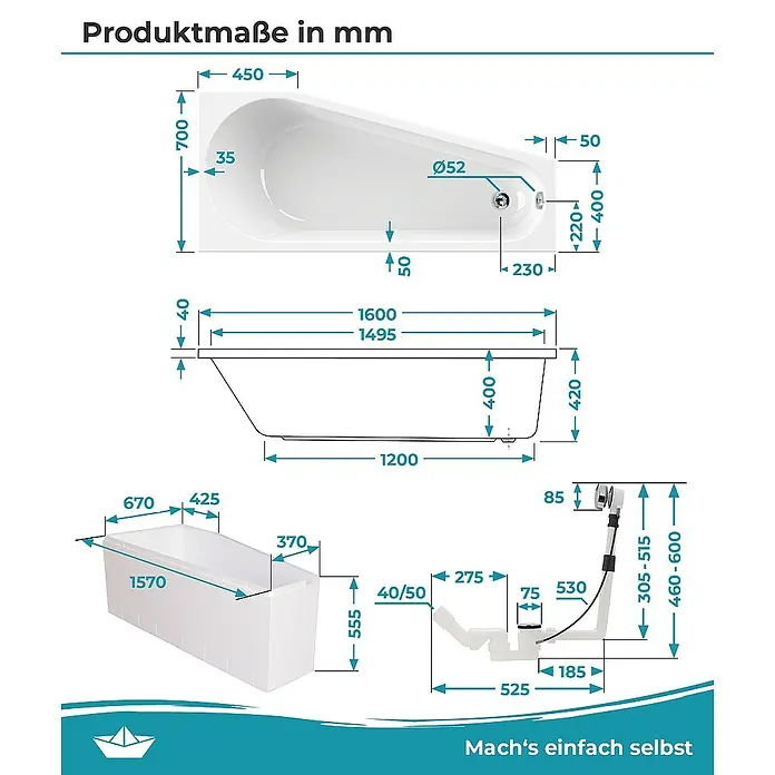 Calmwaters Raumsparbadewanne Essential Small - 160 x 70 cm, Sanitäracryl, Weiß, Links - Produktmaßzeichnung einer asymmetrischen Badewanne mit Maßen in Millimetern, einschließlich Abmessungen und Installationsdetails.