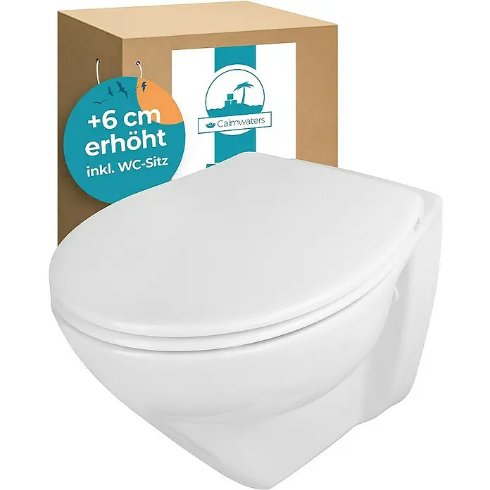 Calmwaters Wand-WC-Set Spülrandlos mit Erhöhung - Spülrandlos, Ohne Spezialglasur, Spülform: Tief, WC Abgang: Waagerecht, Weiß - Produktfoto einer erhöhten Wand-Toilette mit WC-Sitz und Verpackung. Erhöht um +6 cm, Calmwaters Design.