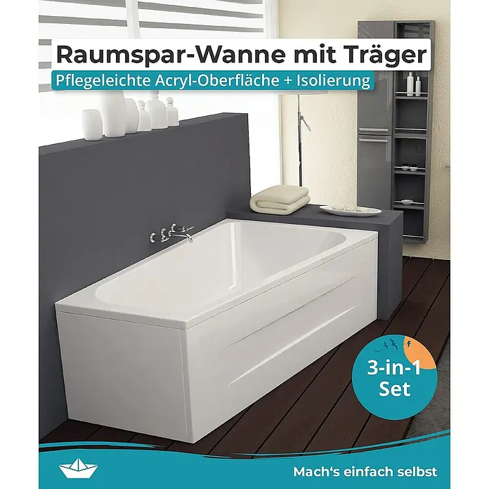 Calmwaters Raumsparbadewanne Essential Small - 160 x 70 cm, Sanitäracryl, Weiß, Links - Produktansicht einer platzsparenden Badewanne mit Träger, mit pflegeleichter Acryl-Oberfläche und Isolierung, als 3-in-1 Set.