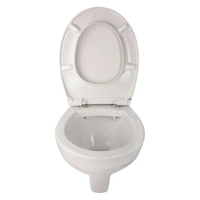 Calmwaters Wand-WC-Set Spülrandlos mit Erhöhung - Spülrandlos, Ohne Spezialglasur, Spülform: Tief, WC Abgang: Waagerecht, Weiß - Das Bild zeigt eine strahlend weiße Toilette mit geöffnetem Deckel, die ein sauberes und modernes Design aufweist.