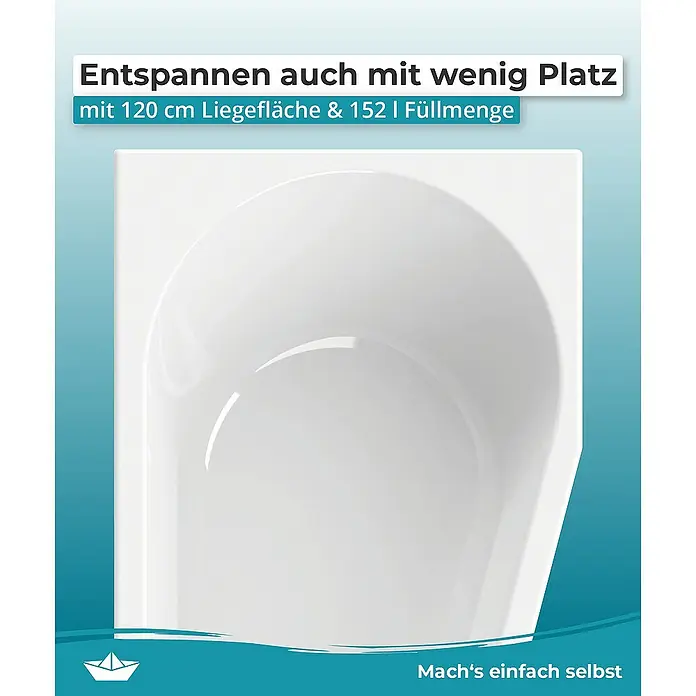 Calmwaters Raumsparbadewanne Essential Small - 160 x 70 cm, Sanitäracryl, Weiß, Links - Produktansicht einer weißen Badewanne mit den Maßen 120 cm Liegefläche und 152 l Füllmenge für entspannende Momente auch bei wenig Platz.