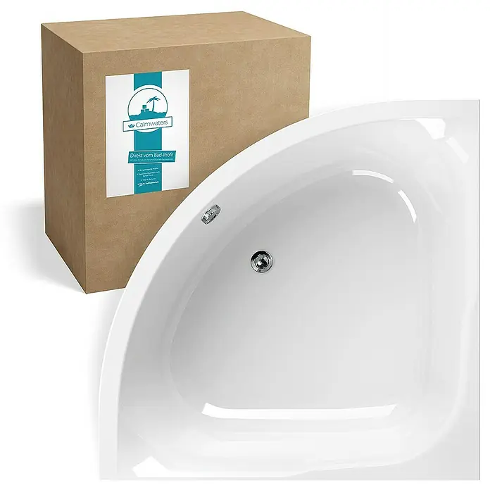 Calmwaters Eckbadewanne Modern Small 2 - Sanitäracryl, Weiß - Nahaufnahme einer weißen Eckbadewanne mit Karton. Eine stilvolle und moderne Badewanne, perfekt für jedes Badezimmer.