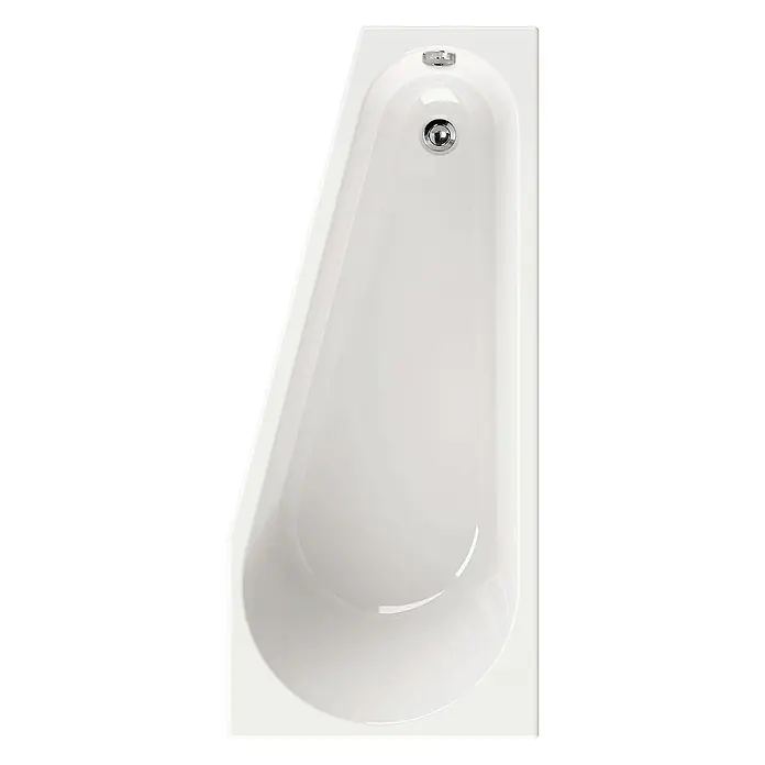Calmwaters Raumsparbadewanne Essential Small - 160 x 70 cm, Sanitäracryl, Weiß, Links - Aufnahme einer asymmetrischen, weißen Badewanne mit Armatur und Abflussstopfen. Perfekt für stilvolle Badezimmer mit wenig Platz.